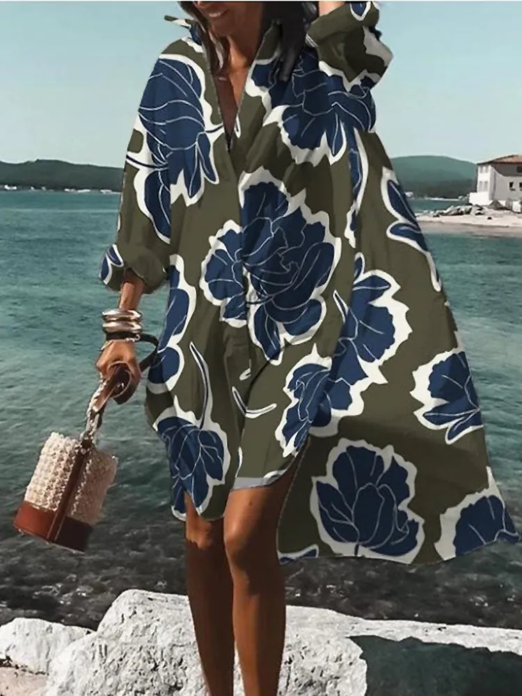 Women's Beach Cover-Up - Flowy Lightweight Caftan - Long Sleeve V-Neck Resort Wear