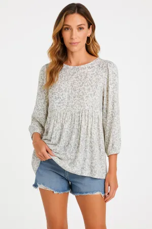 Womens Blouse  Lightweight Cotton  Relaxed Fit  Floral Print  Lantern Sleeve