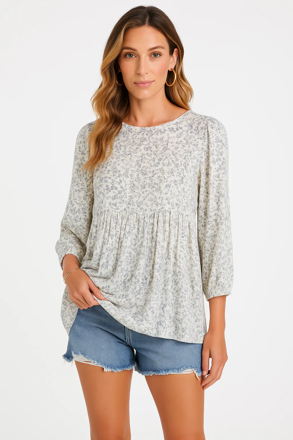 Womens Blouse  Lightweight Cotton  Relaxed Fit  Floral Print  Lantern Sleeve