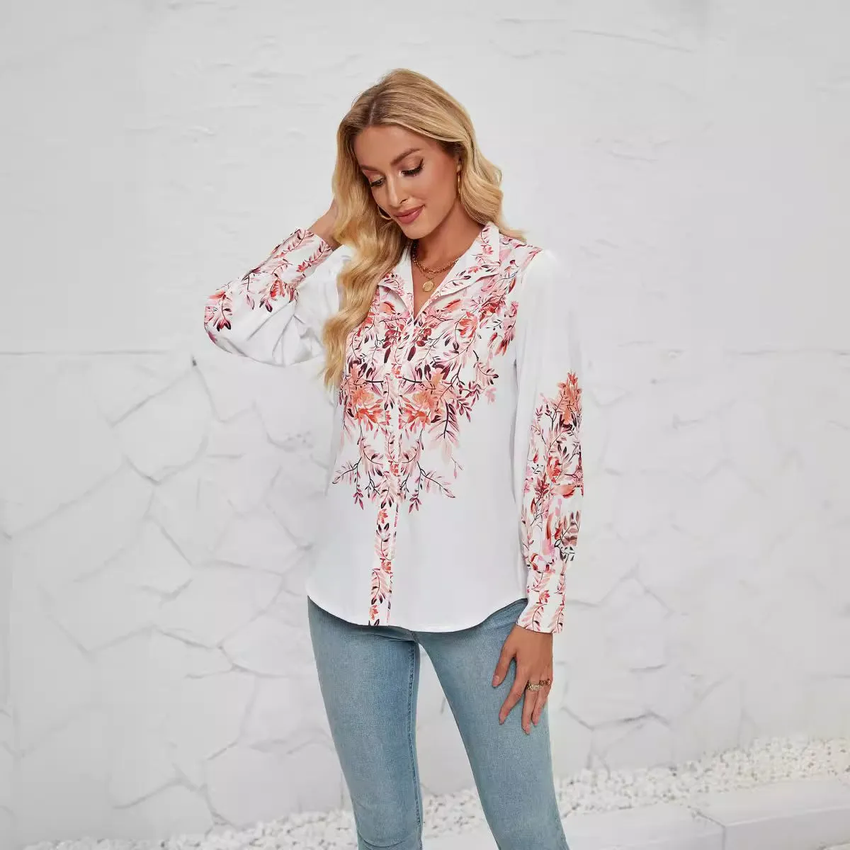 Womens Blouse  Relaxed Fit  Button Down  Stand Collar  Floral Print  Long Sleeve