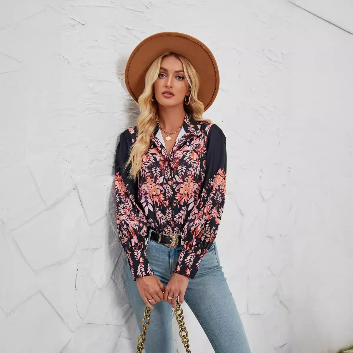 Womens Blouse  Relaxed Fit  Button Down  Stand Collar  Floral Print  Long Sleeve