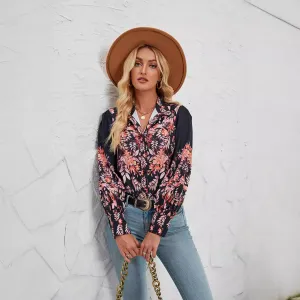 Womens Blouse  Relaxed Fit  Button Down  Stand Collar  Floral Print  Long Sleeve