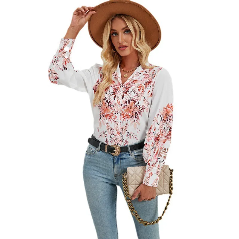 Womens Blouse  Relaxed Fit  Button Down  Stand Collar  Floral Print  Long Sleeve
