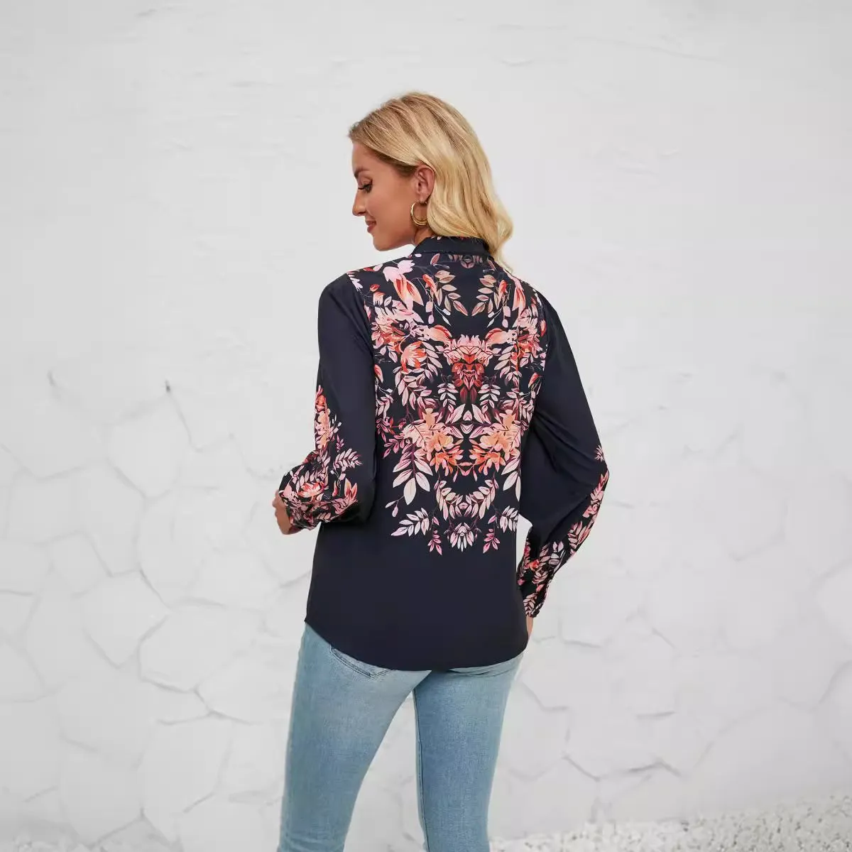 Womens Blouse  Relaxed Fit  Button Down  Stand Collar  Floral Print  Long Sleeve