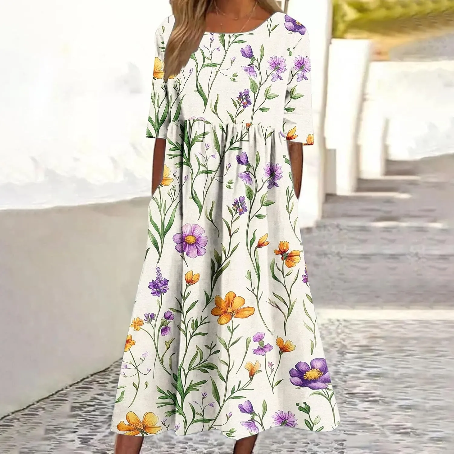 Womens Boho Floral Midi Tshirt Dress Casual Summer Loose Short Sleeve Beach Vacation Dress with Pocket
