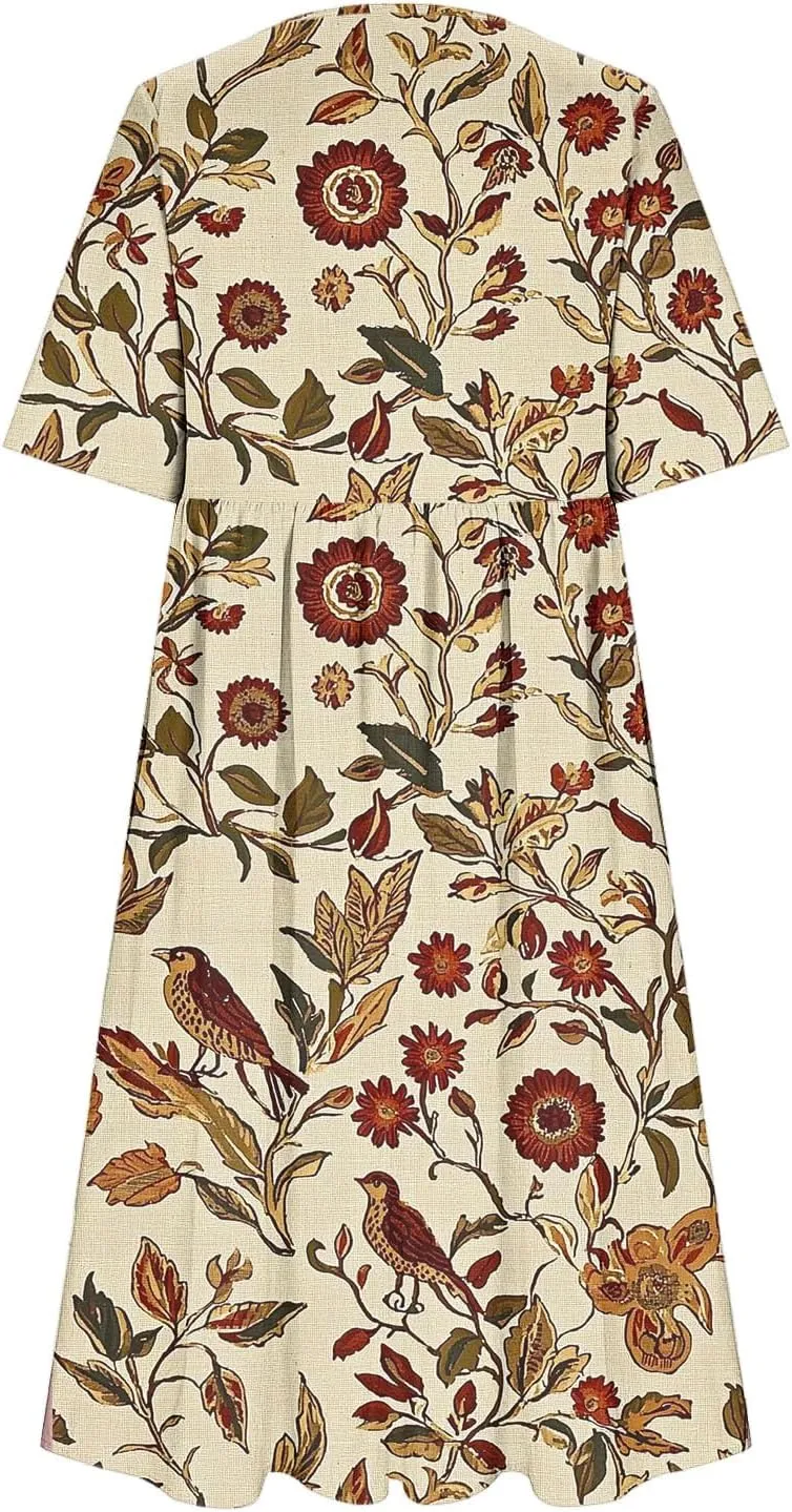 Womens Boho Floral Midi Tshirt Dress Casual Summer Loose Short Sleeve Beach Vacation Dress with Pocket