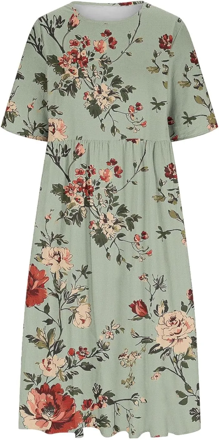 Womens Boho Floral Midi Tshirt Dress Casual Summer Loose Short Sleeve Beach Vacation Dress with Pocket