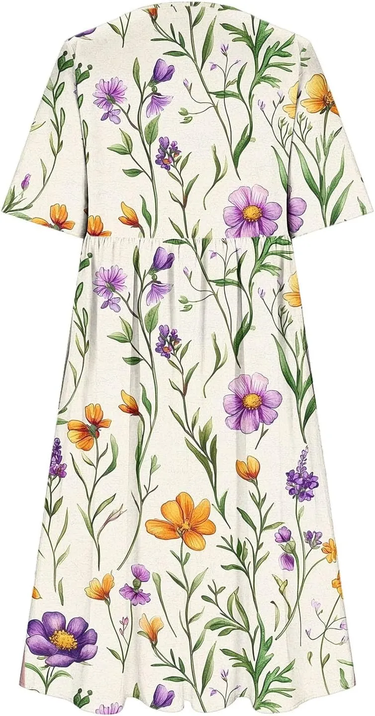 Womens Boho Floral Midi Tshirt Dress Casual Summer Loose Short Sleeve Beach Vacation Dress with Pocket