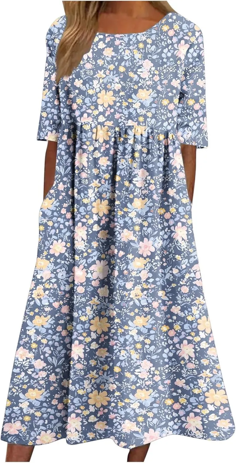 Womens Boho Floral Midi Tshirt Dress Casual Summer Loose Short Sleeve Beach Vacation Dress with Pocket