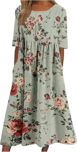 Womens Boho Floral Midi Tshirt Dress Casual Summer Loose Short Sleeve Beach Vacation Dress with Pocket