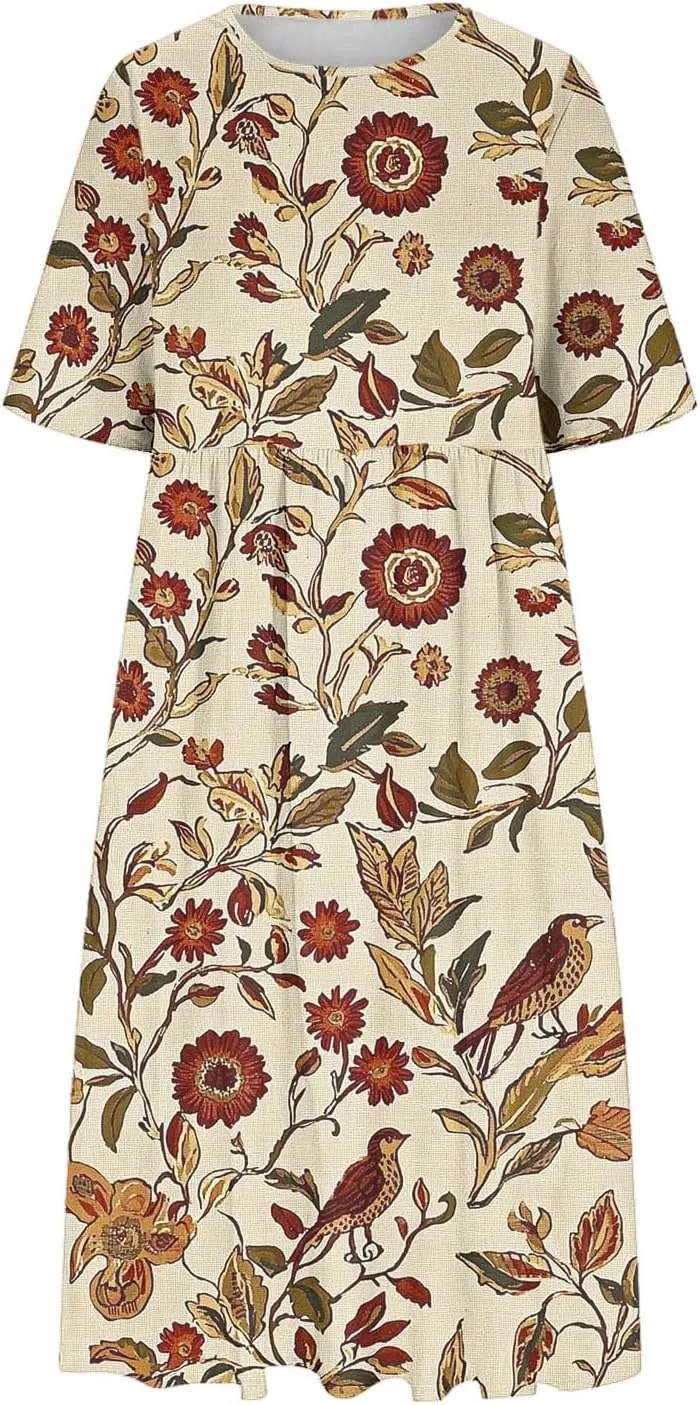 Womens Boho Floral Midi Tshirt Dress Casual Summer Loose Short Sleeve Beach Vacation Dress with Pocket