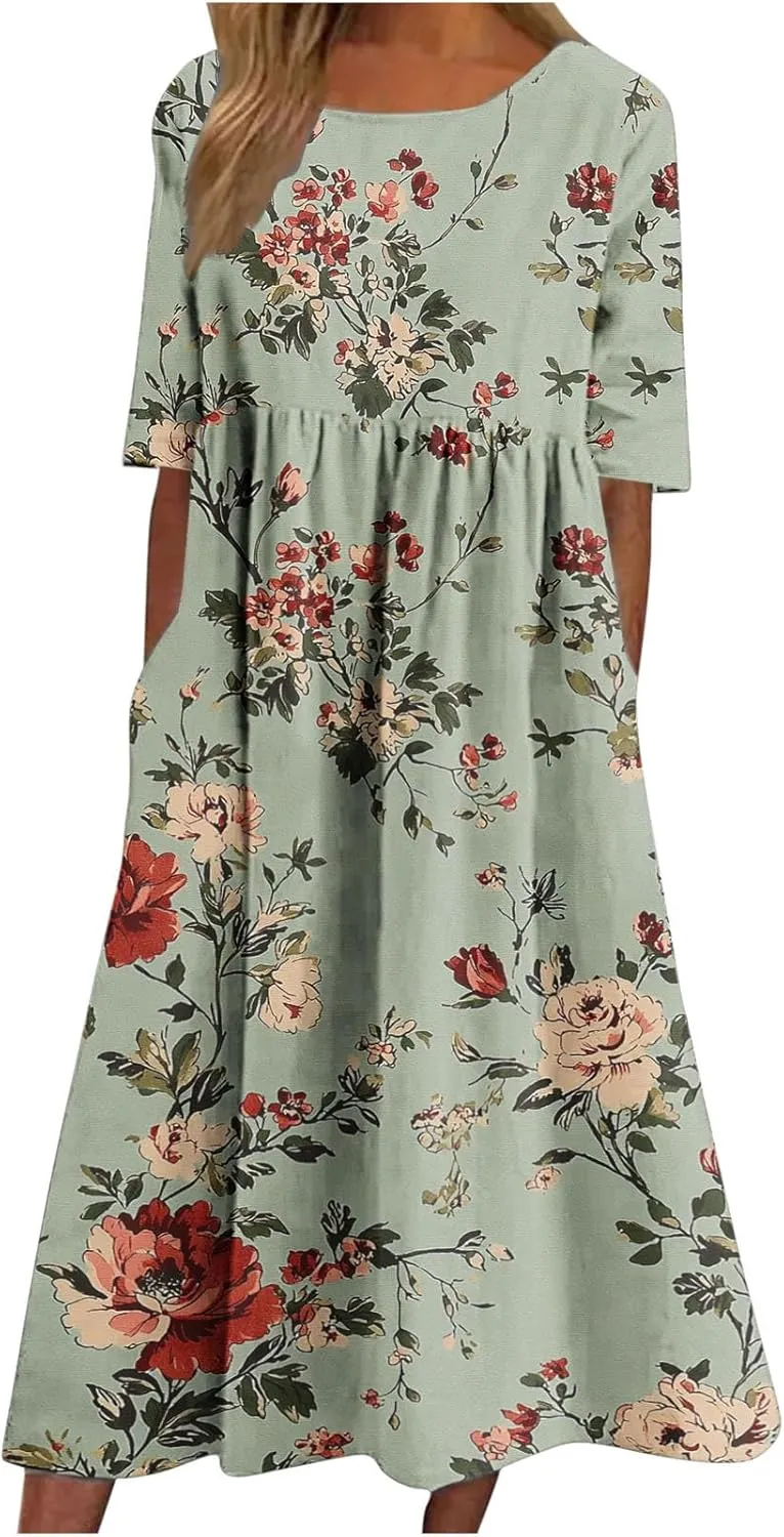 Womens Boho Floral Midi Tshirt Dress Casual Summer Loose Short Sleeve Beach Vacation Dress with Pocket