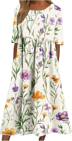 Womens Boho Floral Midi Tshirt Dress Casual Summer Loose Short Sleeve Beach Vacation Dress with Pocket