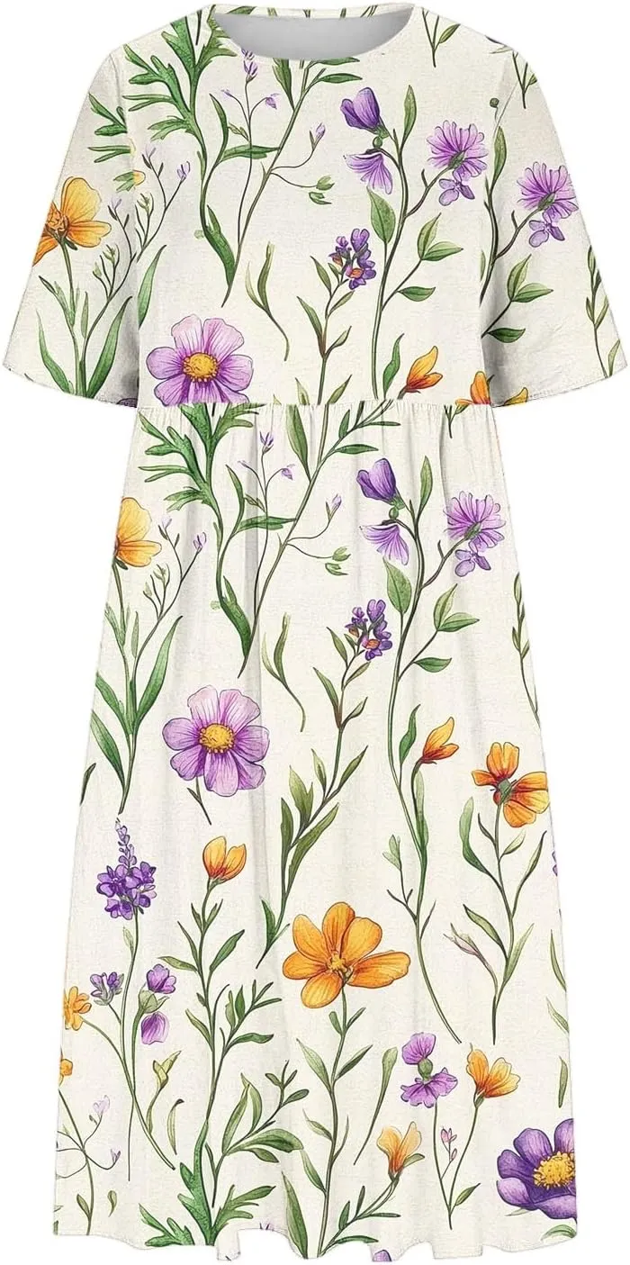 Womens Boho Floral Midi Tshirt Dress Casual Summer Loose Short Sleeve Beach Vacation Dress with Pocket