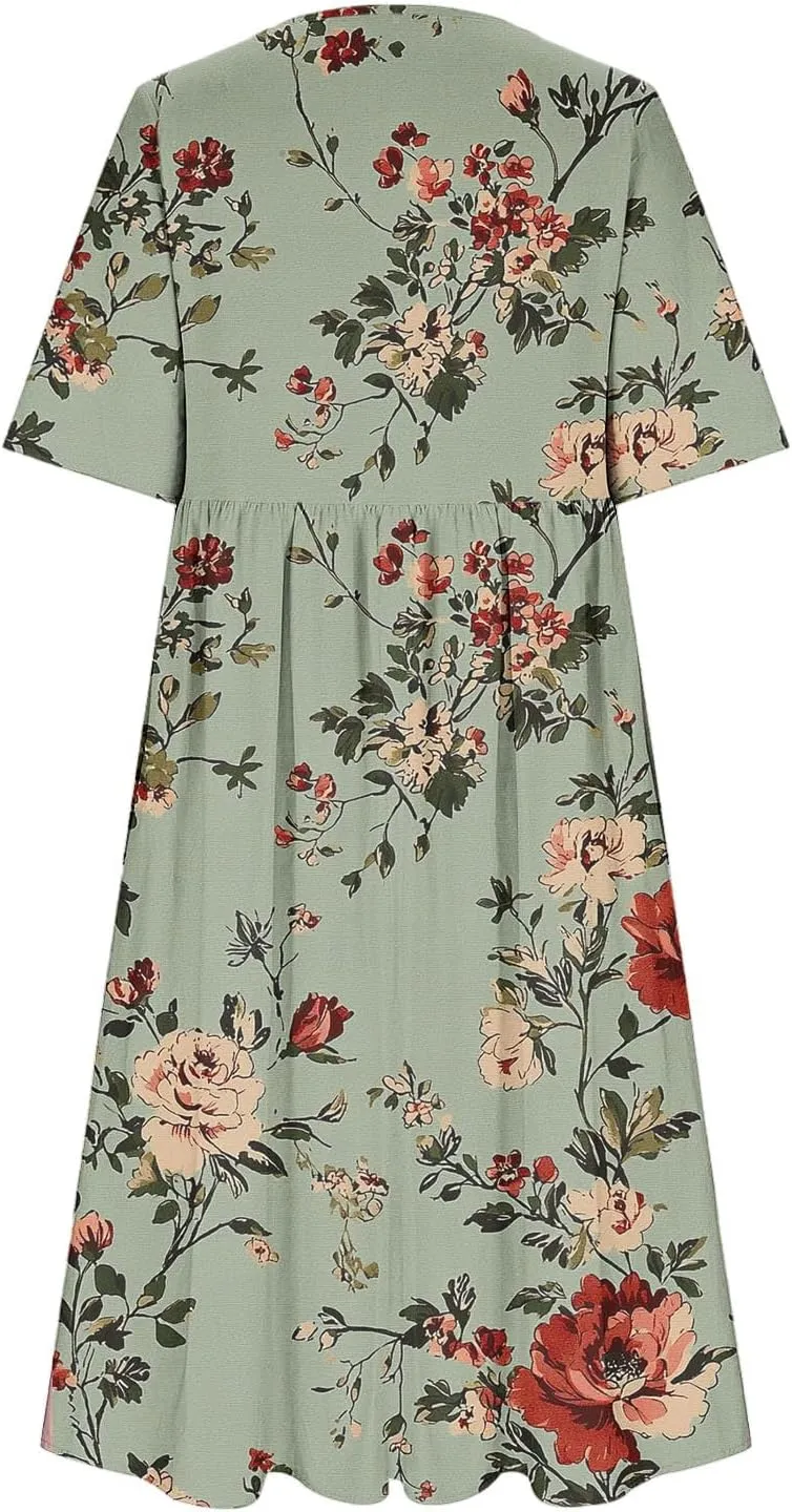 Womens Boho Floral Midi Tshirt Dress Casual Summer Loose Short Sleeve Beach Vacation Dress with Pocket