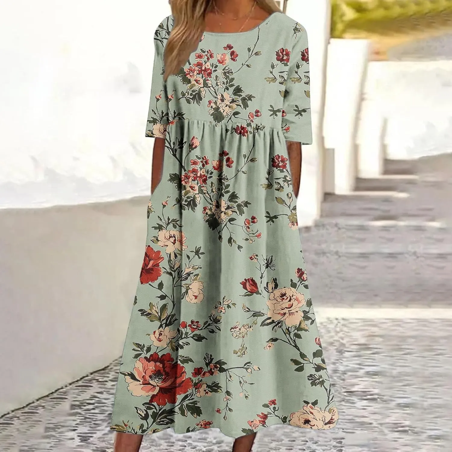 Womens Boho Floral Midi Tshirt Dress Casual Summer Loose Short Sleeve Beach Vacation Dress with Pocket