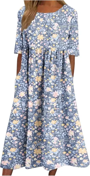 Womens Boho Floral Midi Tshirt Dress Casual Summer Loose Short Sleeve Beach Vacation Dress with Pocket