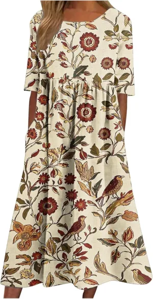 Womens Boho Floral Midi Tshirt Dress Casual Summer Loose Short Sleeve Beach Vacation Dress with Pocket