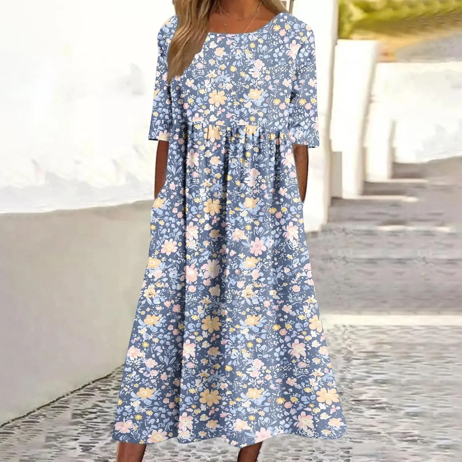 Womens Boho Floral Midi Tshirt Dress Casual Summer Loose Short Sleeve Beach Vacation Dress with Pocket