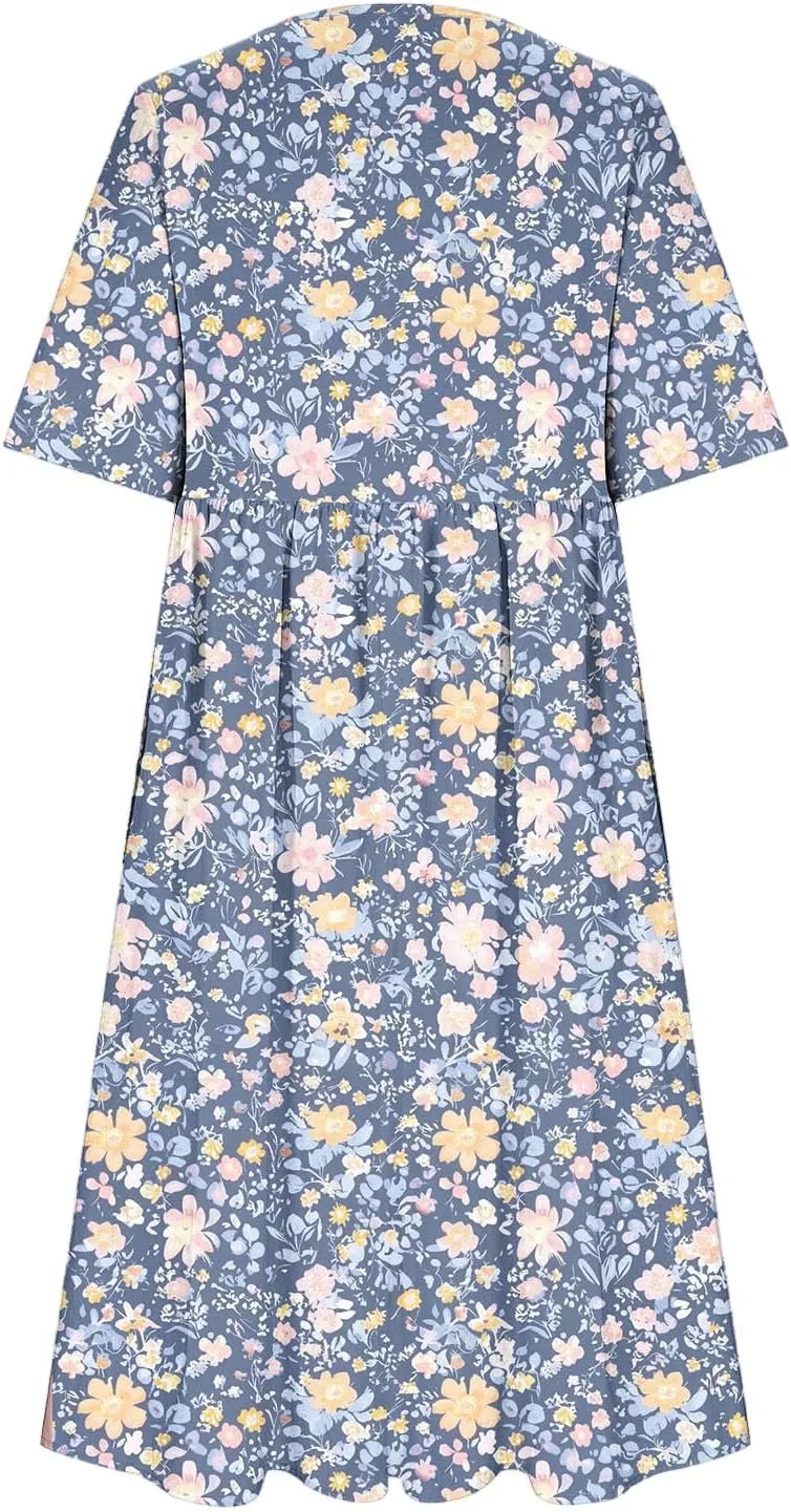Womens Boho Floral Midi Tshirt Dress Casual Summer Loose Short Sleeve Beach Vacation Dress with Pocket