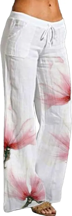 Women's Boho Floral Pants Linen Palazzo Wide Leg Lounge Pant Casual Yoga Flowy High Waist Trousers with Pockets