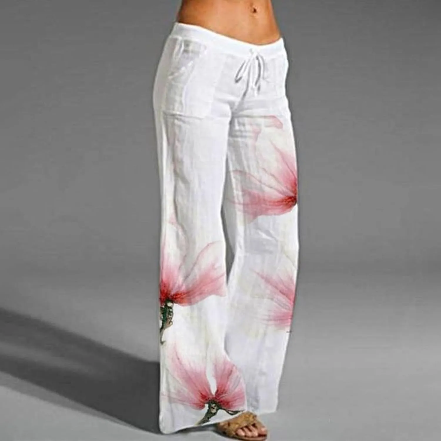 Women's Boho Floral Pants Linen Palazzo Wide Leg Lounge Pant Casual Yoga Flowy High Waist Trousers with Pockets