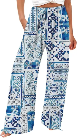 Women's Boho Wide Leg Palazzo Pants Womens Cotton Casual Loose Pants Comfy Work Pants with Long Casual Wide Leg