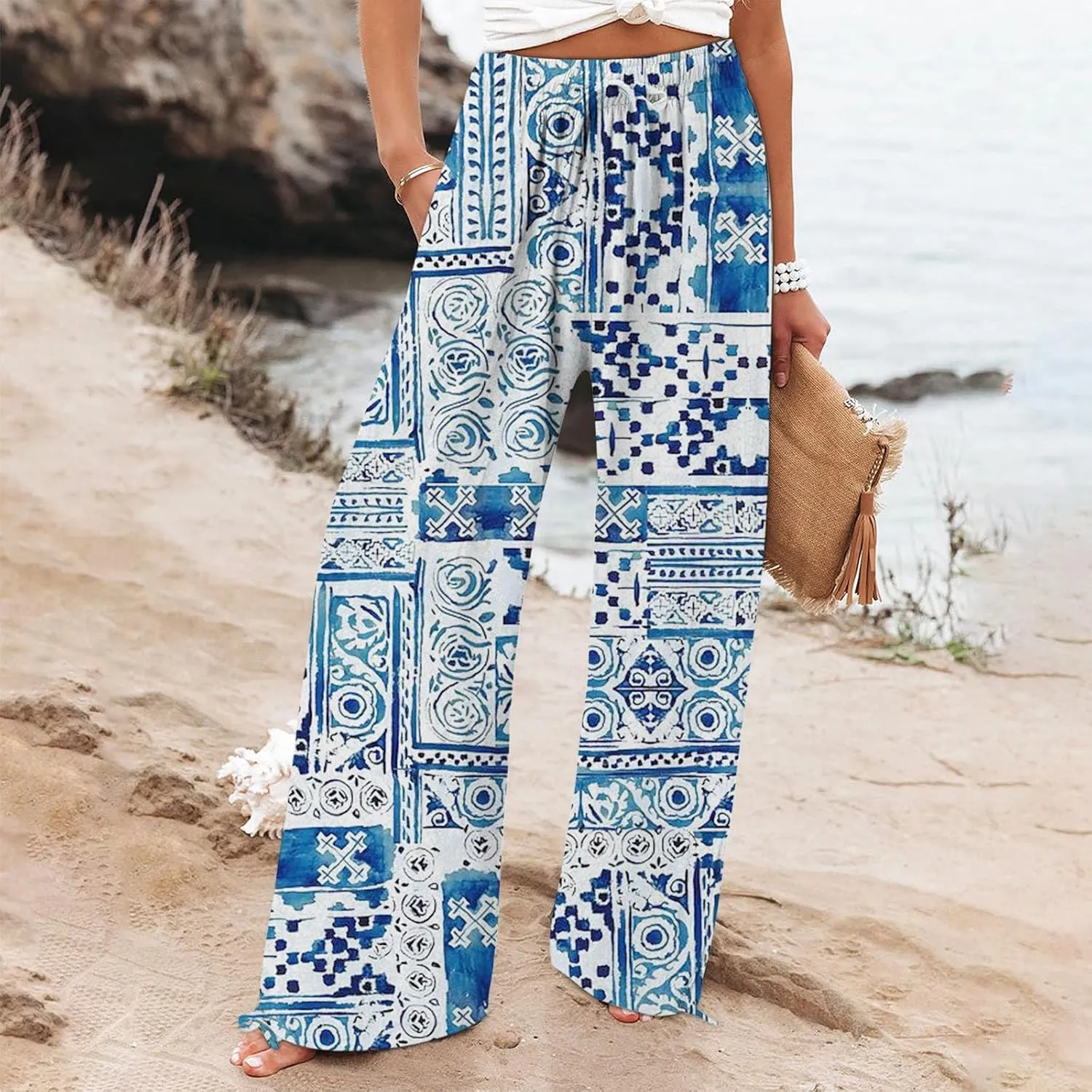 Women's Boho Wide Leg Palazzo Pants Womens Cotton Casual Loose Pants Comfy Work Pants with Long Casual Wide Leg