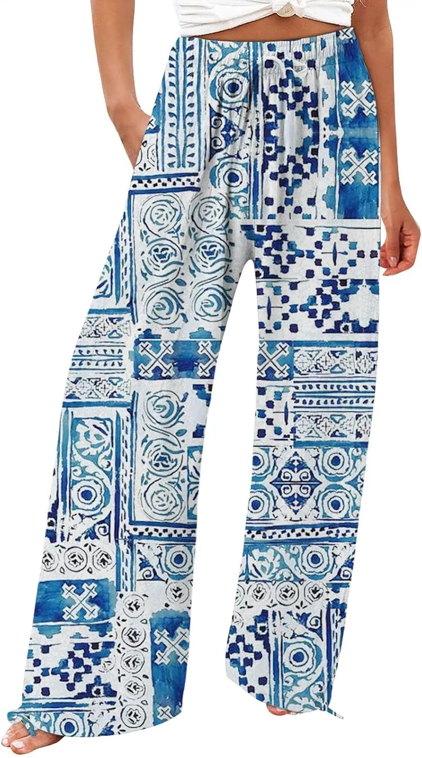 Women's Boho Wide Leg Palazzo Pants Womens Cotton Casual Loose Pants Comfy Work Pants with Long Casual Wide Leg