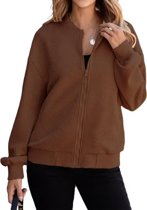 Womens Bomber Jackets Lightweight Oversized Zip Up Long Sleeve Coat Casual Soild Color Jackets