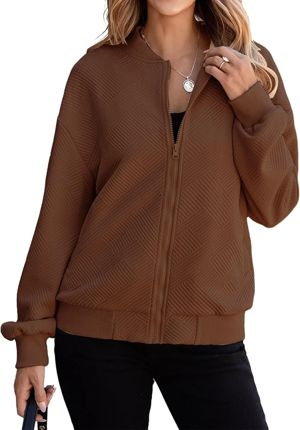 Womens Bomber Jackets Lightweight Oversized Zip Up Long Sleeve Coat Casual Soild Color Jackets