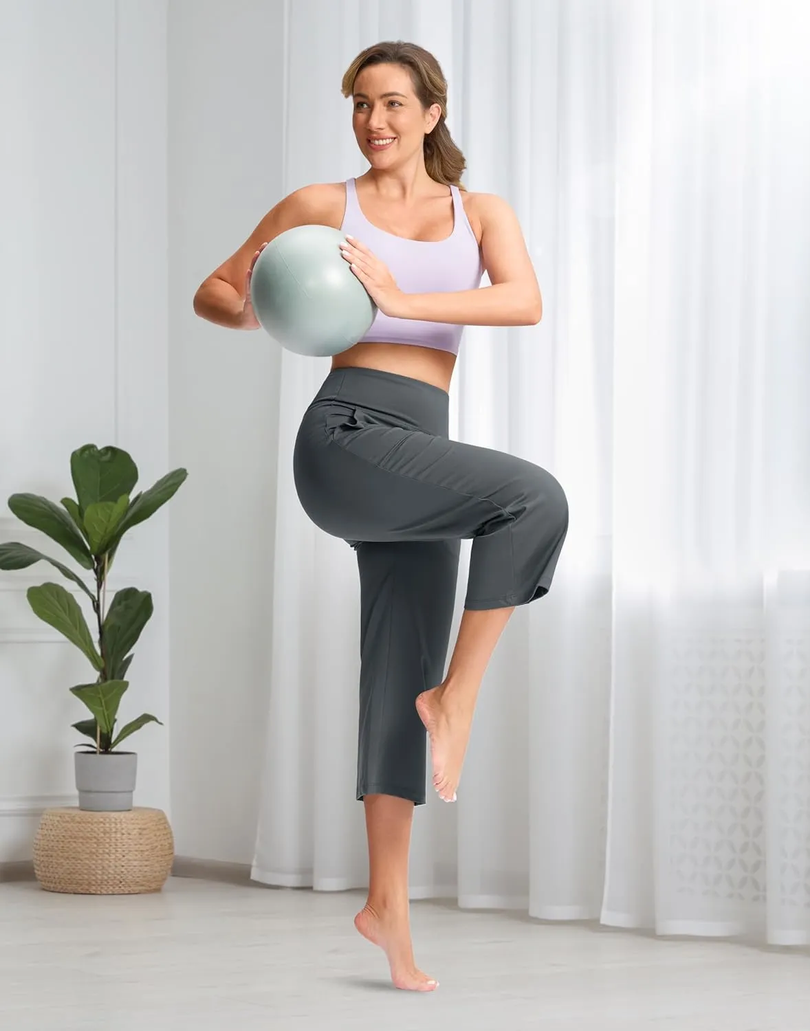 Women's Capri Pants with Pockets High Waist Yoga Pants Wide Leg Workout Crop Summer Pants for Casual, Travel, Exercise