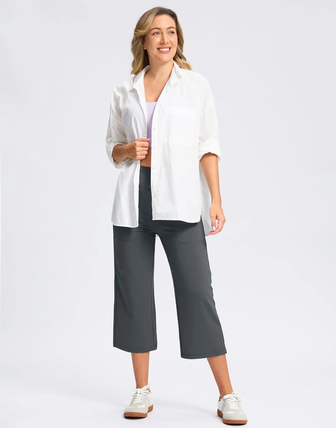Women's Capri Pants with Pockets High Waist Yoga Pants Wide Leg Workout Crop Summer Pants for Casual, Travel, Exercise