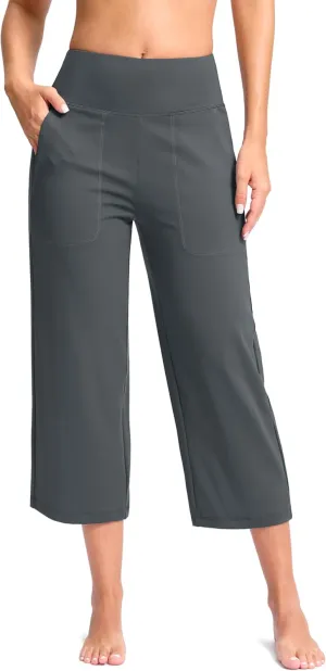 Women's Capri Pants with Pockets High Waist Yoga Pants Wide Leg Workout Crop Summer Pants for Casual, Travel, Exercise