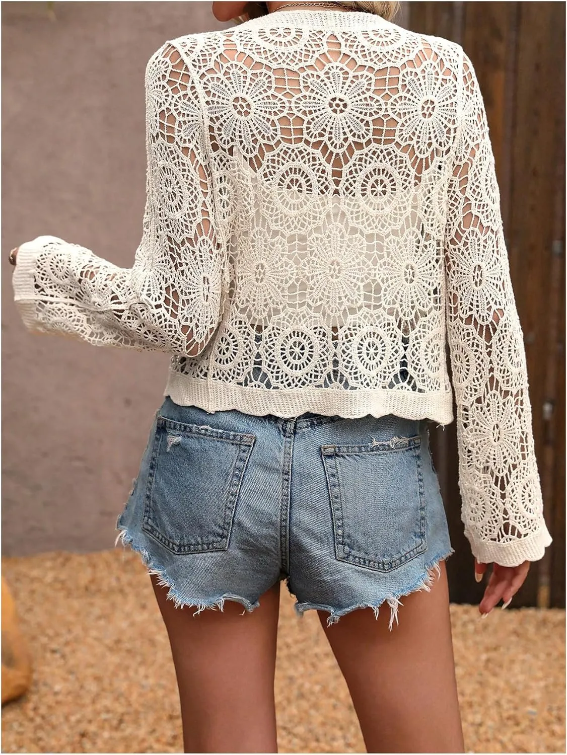 Women's Cardigan Sweater Crochet Hollow Out Button Front V Neck Long Sleeve Knit Crop Sweater Top