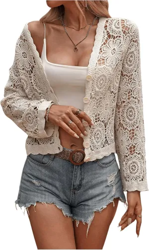 Women's Cardigan Sweater Crochet Hollow Out Button Front V Neck Long Sleeve Knit Crop Sweater Top