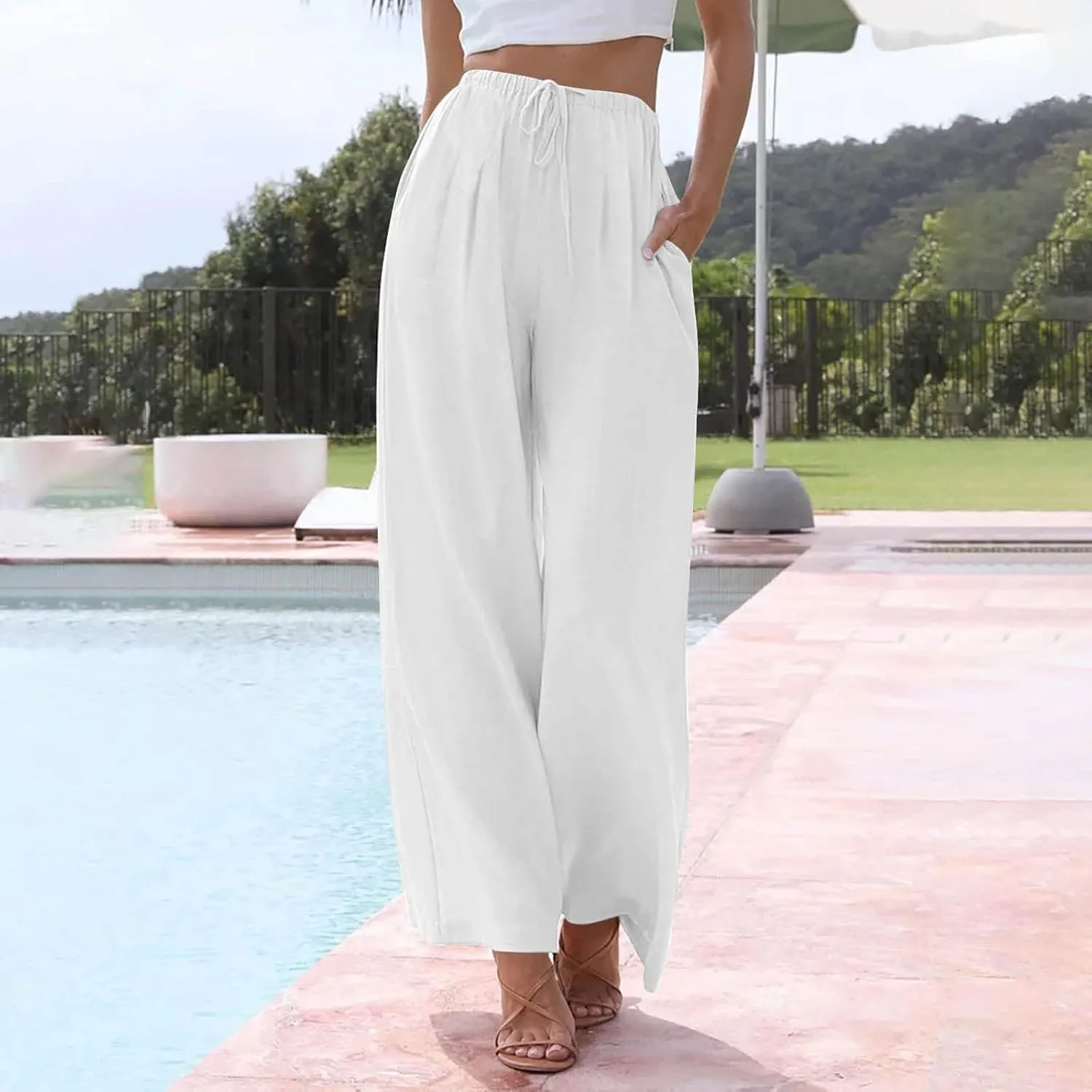 Womens Cargo Pants, Women's Hiking Pants Lounge Work Trousers High Waisted Linen Cotton Straight Leg Summer
