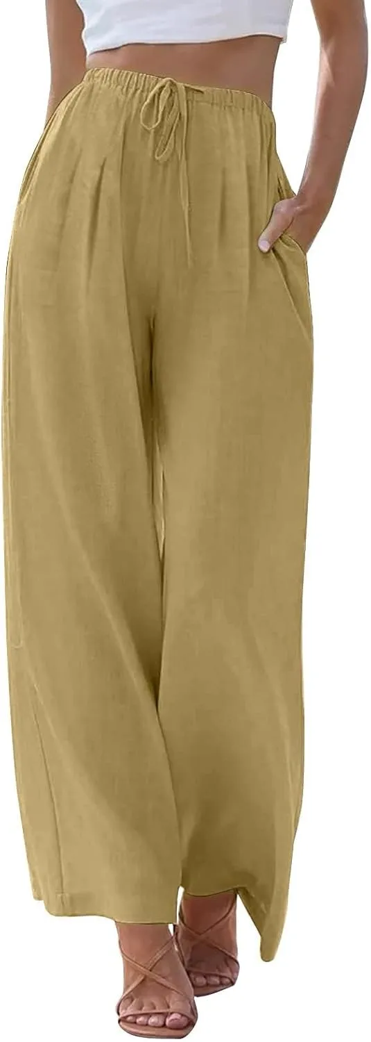 Womens Cargo Pants, Women's Hiking Pants Lounge Work Trousers High Waisted Linen Cotton Straight Leg Summer