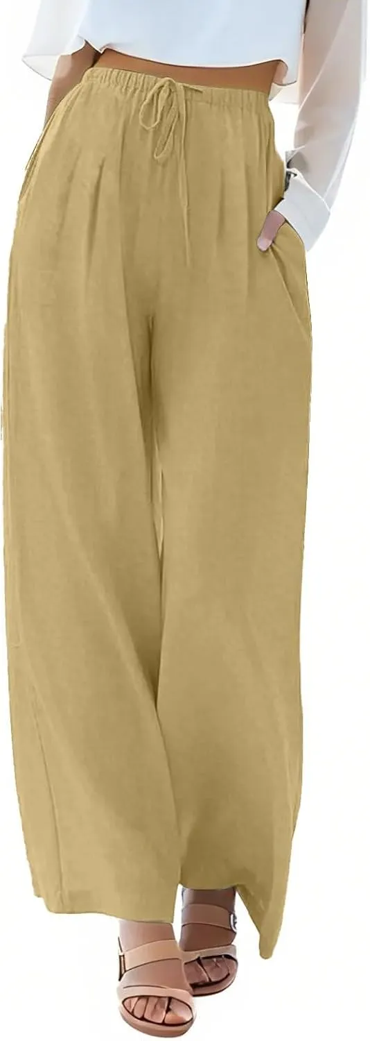 Womens Cargo Pants, Women's Hiking Pants Lounge Work Trousers High Waisted Linen Cotton Straight Leg Summer