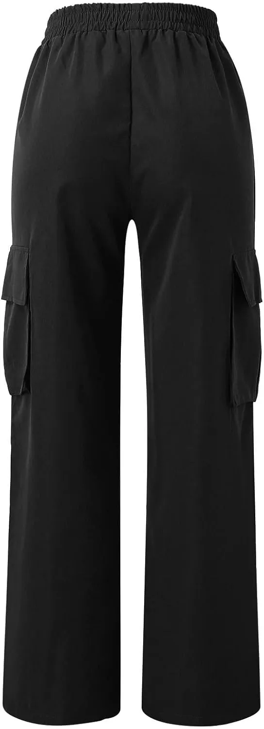 Women's Cargo Pants Y2K Elastic High Waist Straight Parachute Pants Solid Fashion Wide Leg Baggy Trousers with Large Pockets