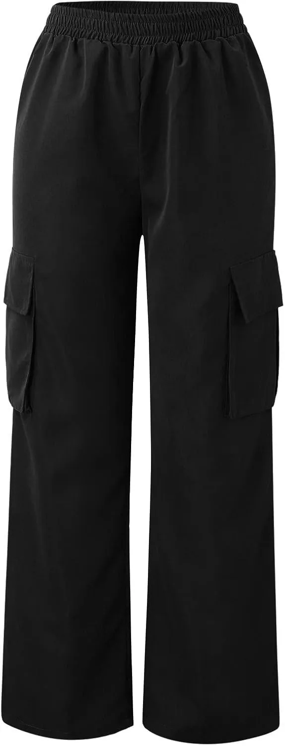 Women's Cargo Pants Y2K Elastic High Waist Straight Parachute Pants Solid Fashion Wide Leg Baggy Trousers with Large Pockets