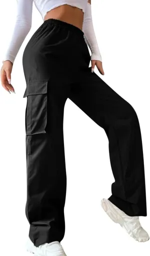 Women's Cargo Pants Y2K Elastic High Waist Straight Parachute Pants Solid Fashion Wide Leg Baggy Trousers with Large Pockets