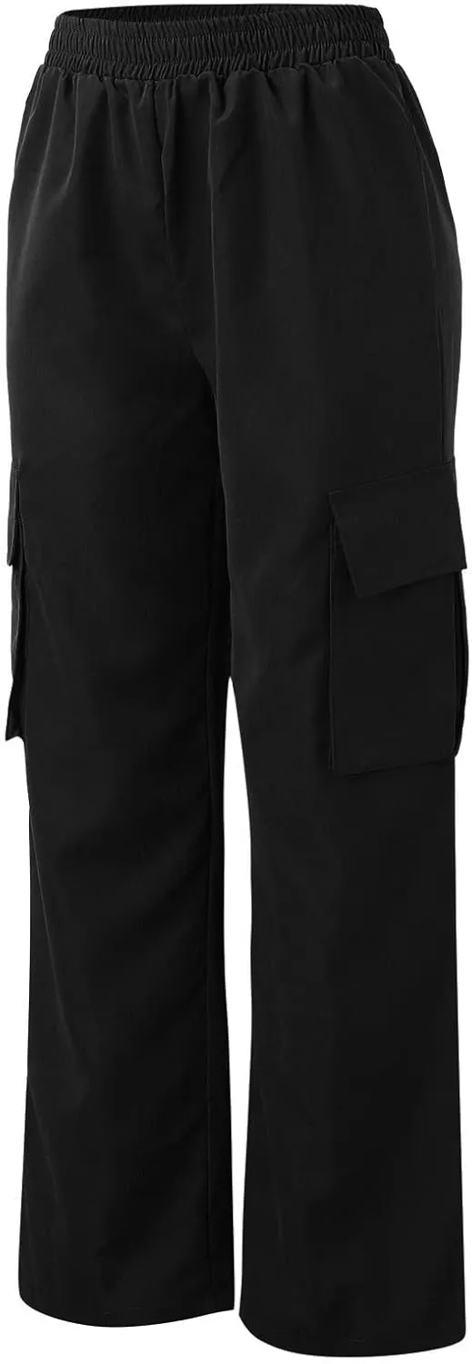 Women's Cargo Pants Y2K Elastic High Waist Straight Parachute Pants Solid Fashion Wide Leg Baggy Trousers with Large Pockets
