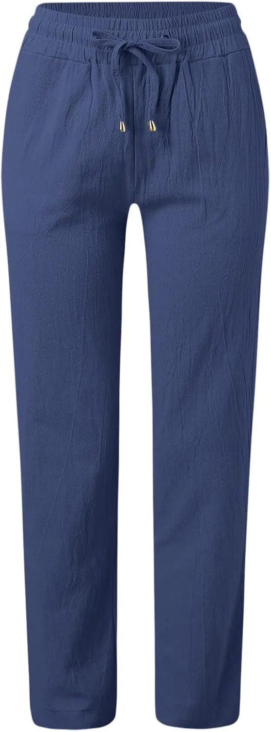 Womens Casual Cotton Linen Pants Lightweight Summer Elastic High Waist Palazzo Pant Plus Size Beach Flowy Long Trousers
