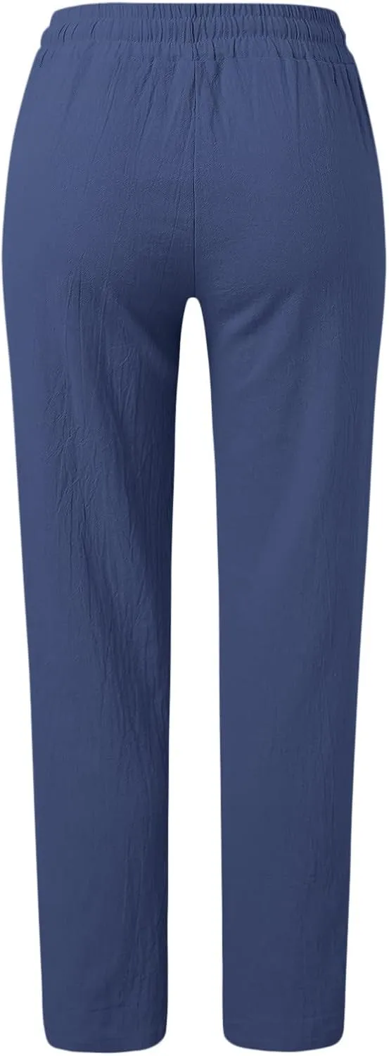 Womens Casual Cotton Linen Pants Lightweight Summer Elastic High Waist Palazzo Pant Plus Size Beach Flowy Long Trousers
