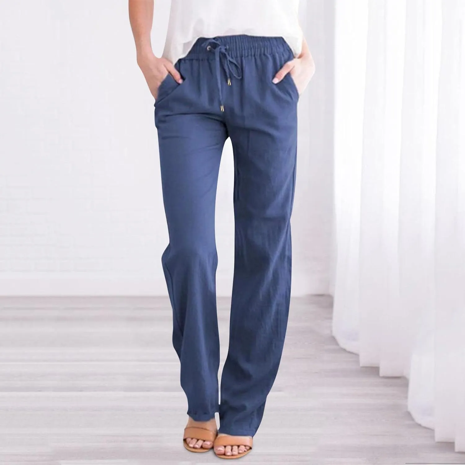 Womens Casual Cotton Linen Pants Lightweight Summer Elastic High Waist Palazzo Pant Plus Size Beach Flowy Long Trousers