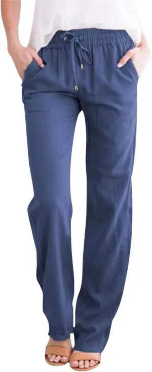 Womens Casual Cotton Linen Pants Lightweight Summer Elastic High Waist Palazzo Pant Plus Size Beach Flowy Long Trousers