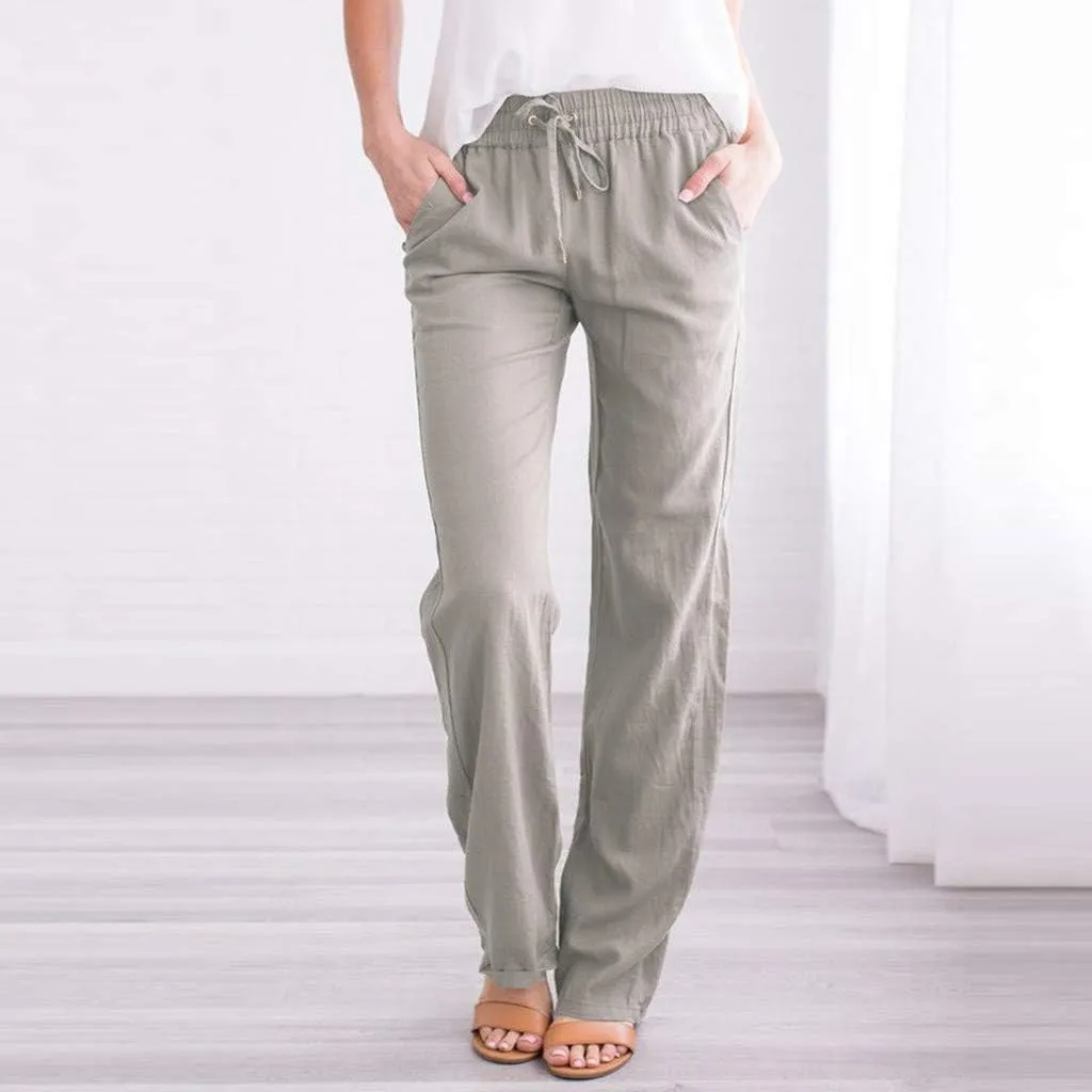 Womens Casual Cotton Linen Pants Lightweight Summer Lounge Pants Elastic Waist Plus Size Long Trousers with Pockets