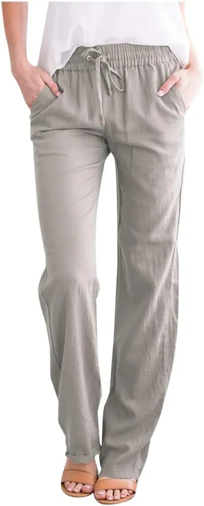 Womens Casual Cotton Linen Pants Lightweight Summer Lounge Pants Elastic Waist Plus Size Long Trousers with Pockets