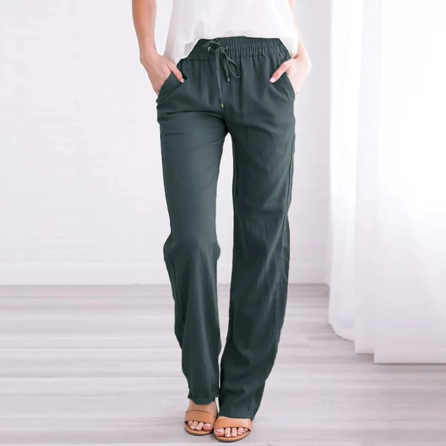 Womens Casual Cotton Linen Pants Lightweight Summer Lounge Pants Elastic Waist Plus Size Long Trousers with Pockets